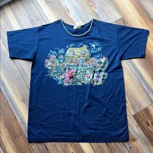 90s Vintage Bobbie Brooks Large Navy Cottage Screen Printed SS Tee Shirt